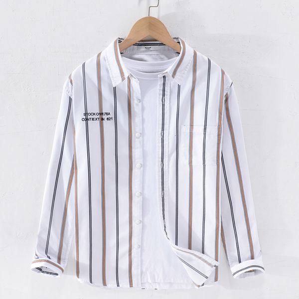 

2021 new manga longa de vero e outono dos do algodo listra camisa para homens casuais camisas confortveis da forma masculina 6r43, White