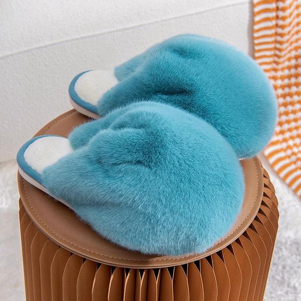 

slippers women furry winter warm flats faux fur pompom for girls lady home indoor floor cotton shoes, Black