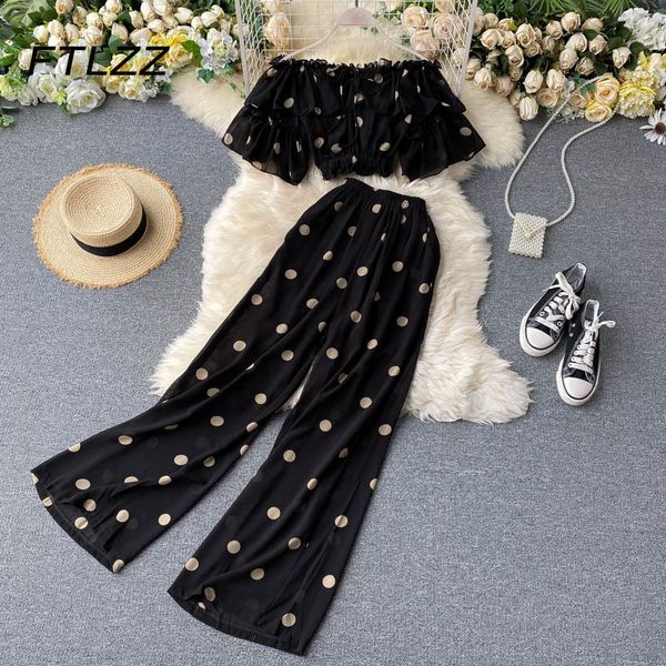 

2021 women ruffles two piece sets new summer off shout crop blouse high waist straight pants beach dot woman suits kmzn, Gray