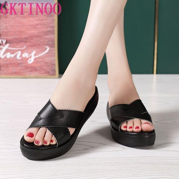 

slippers gktinoo sandals women genuine leather thick heel woman platform wedges summer shoes pumps flip flops, Black
