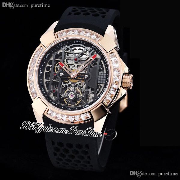 

epic-x ex100.43.ld.op.ald4at automatic tourbillon mens watch 44mm rose gold baguette square cut diamonds bezel skeleton dial black rubber st, Slivery;brown