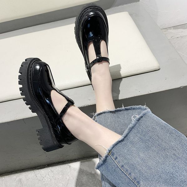 

2021 new fashion t-shaped buckle mary janes women chunky square heels woman round toe patent leather lolita shoes ny17, Black