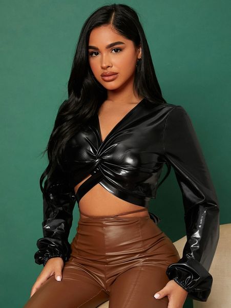 

lesdomakeup x squad twist front tie back pu leather b6xc#, White