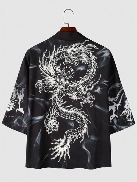 

men chinese dragon & letter graphic drop shoulder kimono i221#, White;black