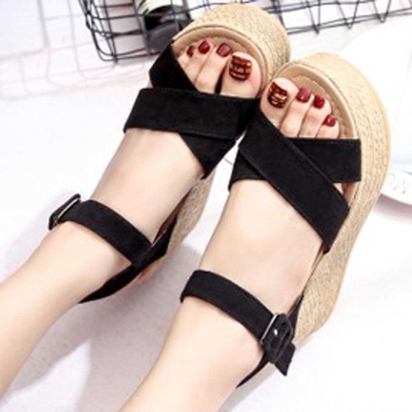 

women solid bohemian peep toe wedges thick bottom flatform shoes sandals summer beach shoes plus size 37-40 y0721, Black