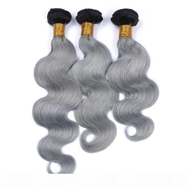 

9a virgin brazilian 1b grey ombre human hair 3pcs body wave hair extensions dark roots silver grey ombre brazilian human hair weave bundles, Black