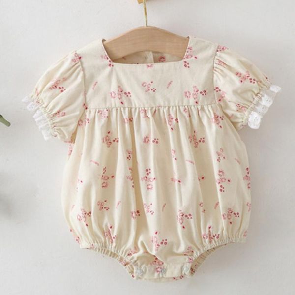 

rompers vintage floral girls romper summer short puff sleeve infant jumpsuit for toddler clothing set children party wedding dress, Blue