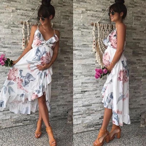 

maternity dresses clothes floral printed ruffles falbala sundress for pregnant women elegant pregnancy casual, White