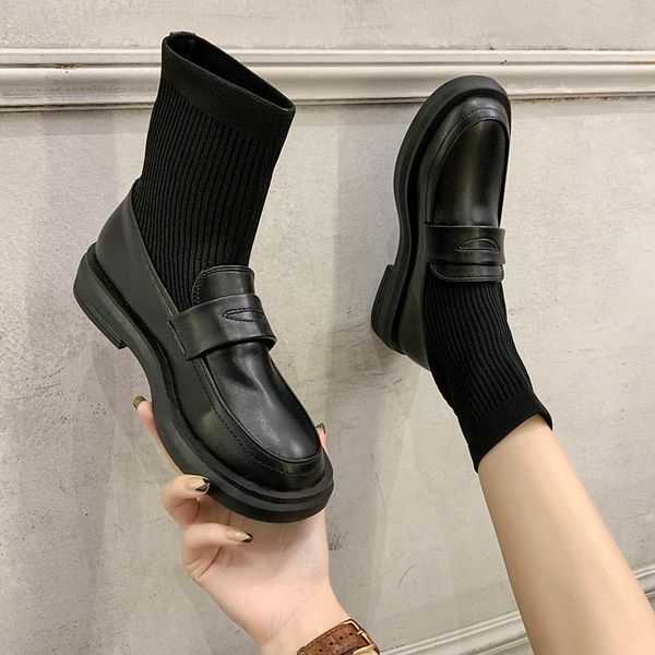 

boots women's autumn shoes boots-women luxury designer round toe rubber 2021 rock low ladies fashion ankle solid square heel ro, Black