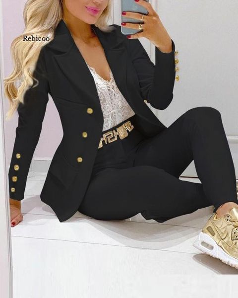 

women's two piece pants elegant office lady buttons design long sleeve jackets coat + casual streetwear solid women 2 set, White
