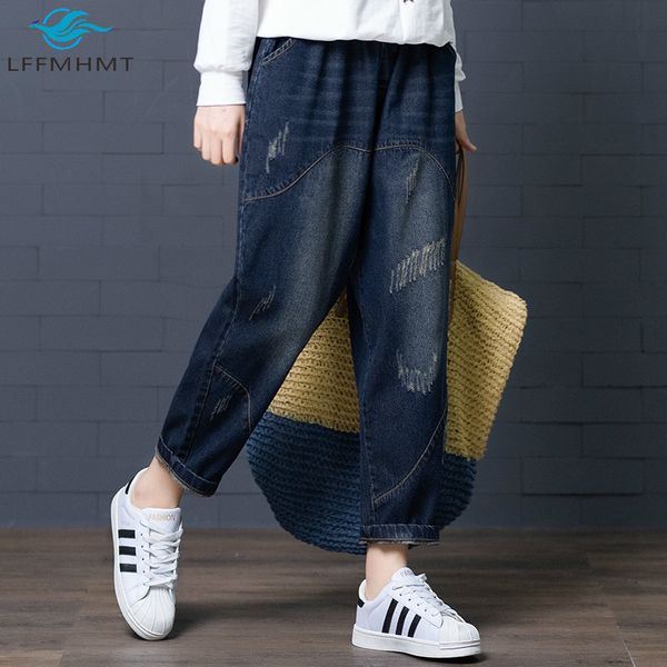 

2021 new spring fashion large size vintage ripped denim women elastic waist ankle length lady casual trouser 08ak, Blue