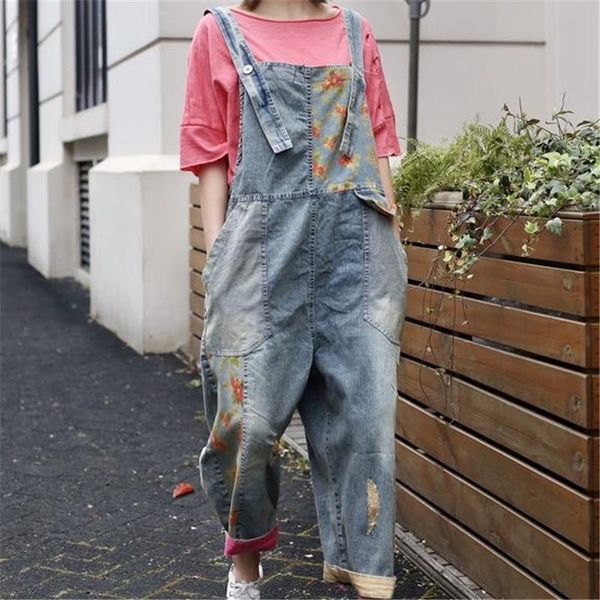

women's jumpsuits & rompers women casual suspenders print denim loose big oversized pockets hole vintage wide leg overalls, Black;white