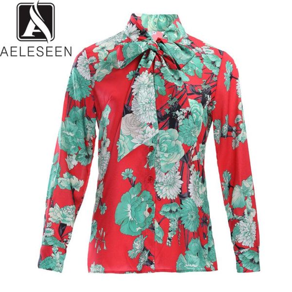 

women's blouses & shirts aeleseen high qulity shirt 2021 runway spring summer bow collar flower leave print vintage red work blouse, White