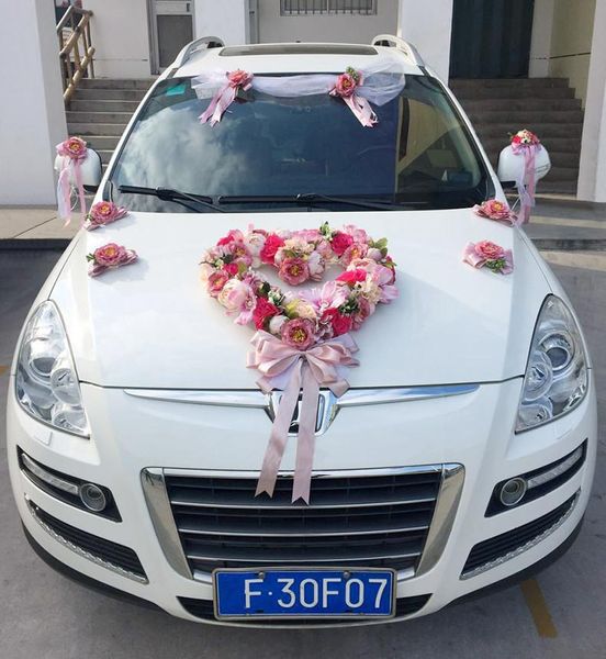 

artificial rose peony wedding car decoration set silk flowers heart long ribbon bowknot rearview mirror doorknob decorate