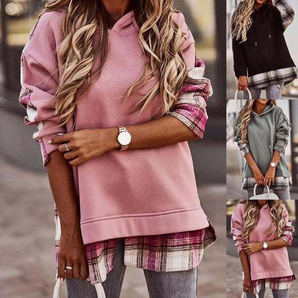 

autumn winter women plaid patchwork hooded sweatshirt long sleeve loose hoodie women clothing, Black