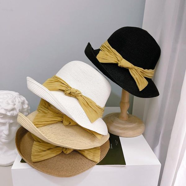 

wide brim hats 202105-2509326 summer soft fine paper yellow bowknot street lady sun cap women leisure holiday hat, Blue;gray