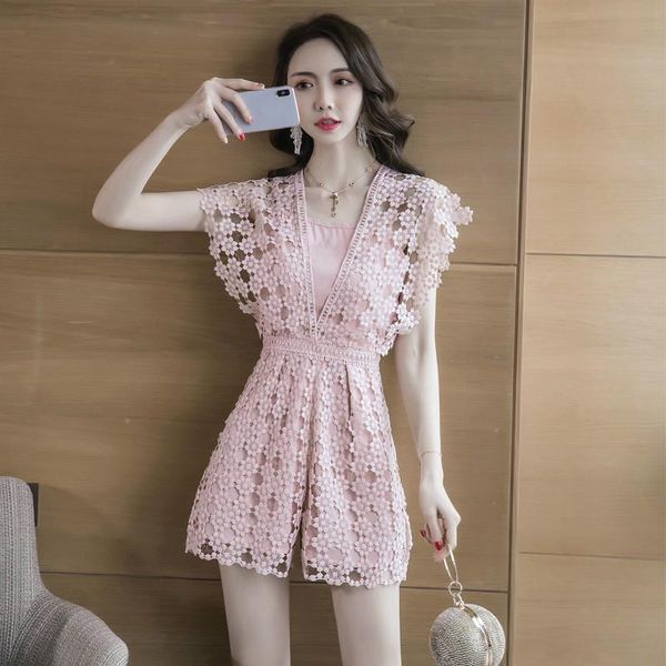 

women's jumpsuits & rompers women summer lace hollow out wide leg pants pink short holiday beach playsuits elegant mini overalls, Black;white