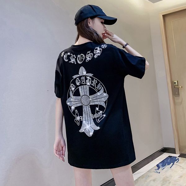 

crosin 2021 spring summer short sleeve heavy industry diamond sanskrit cross black and white t-shirt women