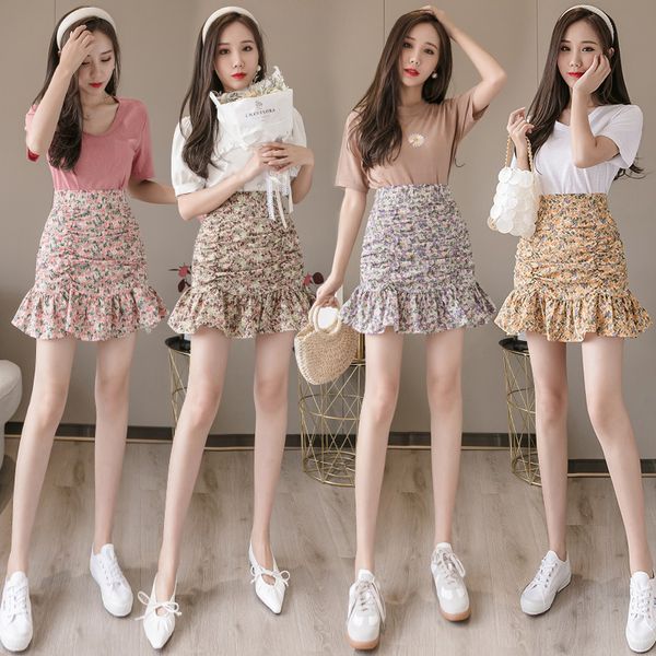 

skirts summer floral chiffon fishtail skirt for women, Black