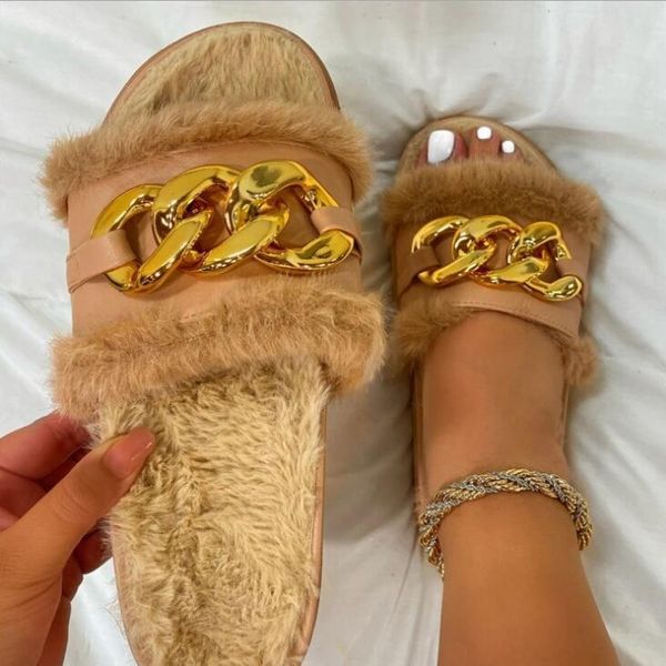

slippers summer plush fashion open toe solid color women's sandals metal chain outdoor casual shoes plus size, Black