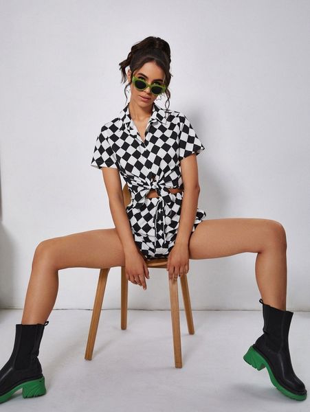 

checker print knot front crop blouse & shorts set w8f6#, White