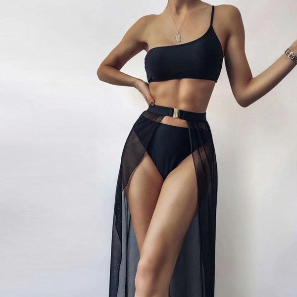 

split solid bikini three piece mh bikini swimsuit, Red;black