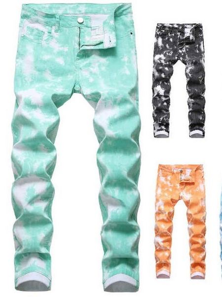 

2021 men streetwear hip hop simple print signed male denim broek color-print stretch jeans, Blue