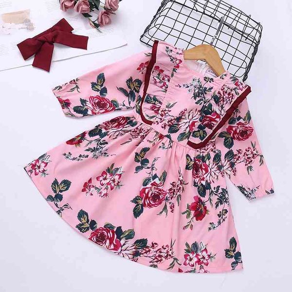 

children's wear 2021 girls' dress long sleeve printed princess skirt spring and summer, Red;yellow