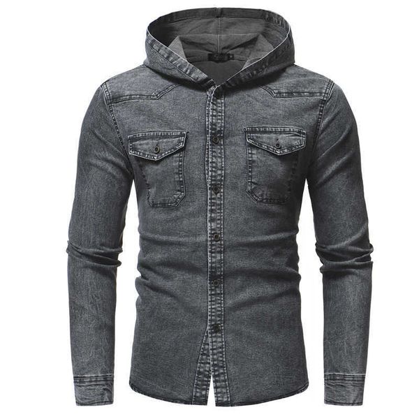 

and autumn winter fashion washed men's casual slim long sleeve hooded denim shirt, White;black