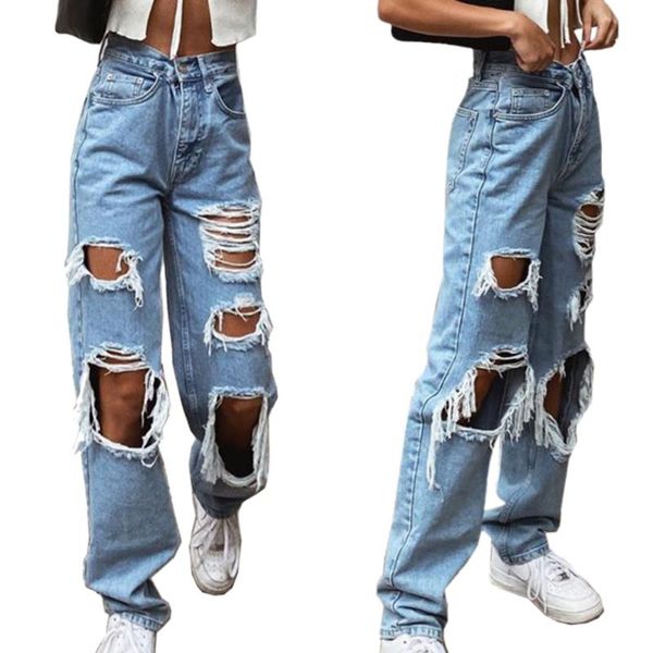 

women's jeans women clothing ripped frayed loose denim pants fashion casual big holes long trousers, Blue