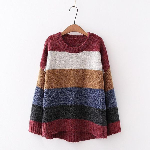 

women's sweaters weaters autumn winter lazy chic loose casual o neck drop shoulder striped hit color rainbow knitted jumper for female, White;black