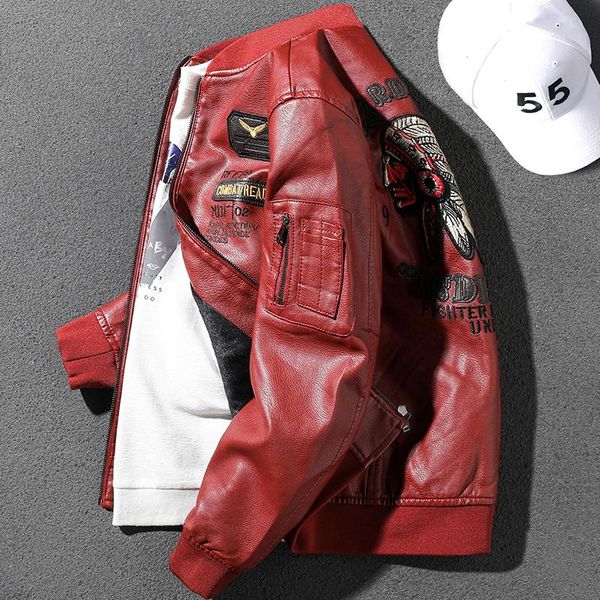 

men's leather & faux winter tide brand red jacket plush loose coat embroidery youth motorcycle suit, Black