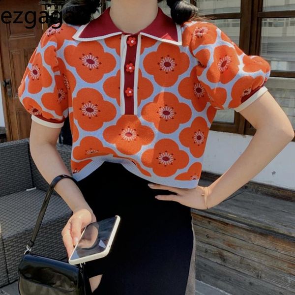 

women's blouses & shirts ezgaga vintage jacquard knit crop women puff short sleeve lapel thin summer elegant loose floral korean fashi, White