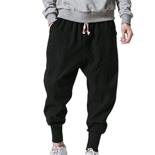 

men's pants casual men harem baggy drawstring drop-crotch pockets elastic waist streetwear joggers trousers solid color male, Black