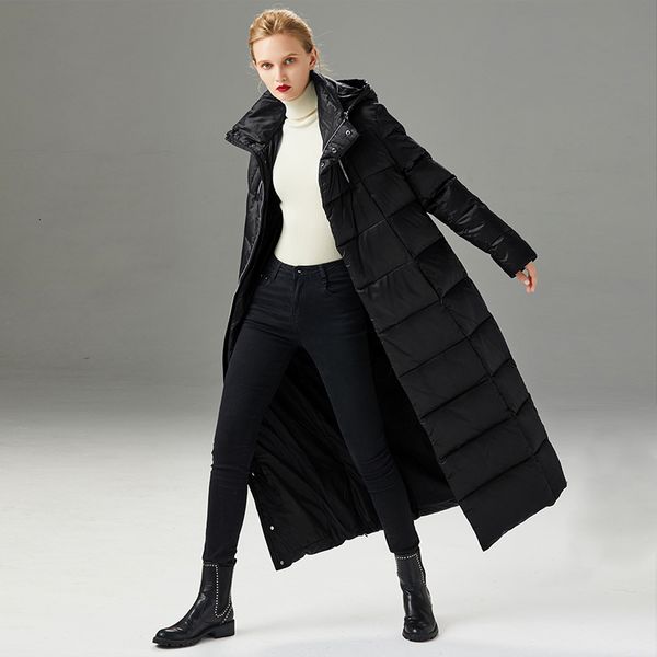 

2021 new hooded women's winter straight warm extra long jacket black brand quality white duck down coat hor4