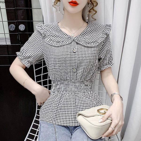 

women's blouses & shirts houthion chiffon loose fashion short sleeve lattice doll collar pullover summer casual blouse, White