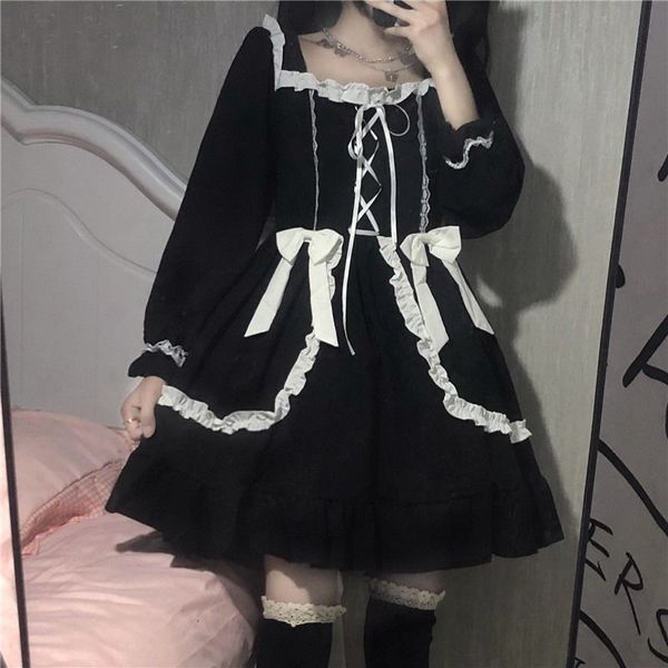 

2021 retro bandage black goth long sleeve lolita dress women gothic streetwear female elegent vintage party dresses, Black;gray