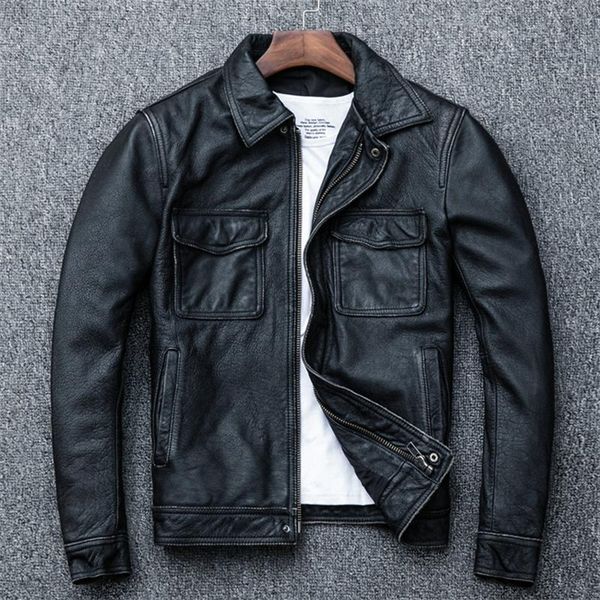 

men's leather & faux genuine cowhide jacket motorcycle retro fashion slim coat pluse size 6xl, Black