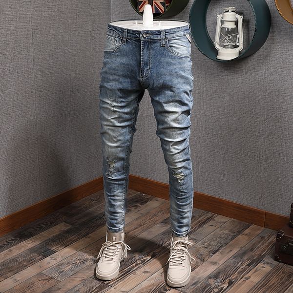 

2021 new korean style fashion men jeans retro blue elastic slim fit ripped denim pencil pants hombre vintage designer casual trousers j757