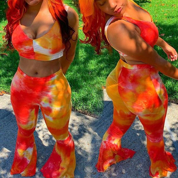 

long flare pants womens 2pcs sets casual females clothing womens designer tracksuits fashion tie dye tank top, Gray