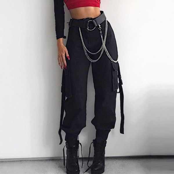 

women's pants & capris women multi pockets lady cargo loose buckle fabulous casual trousers, Black;white