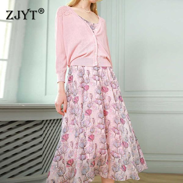 

fashion designers spring robe elegant women long sleeve hollow cardigans knit and floral strap dress 2 piece suits 210601, Black;gray