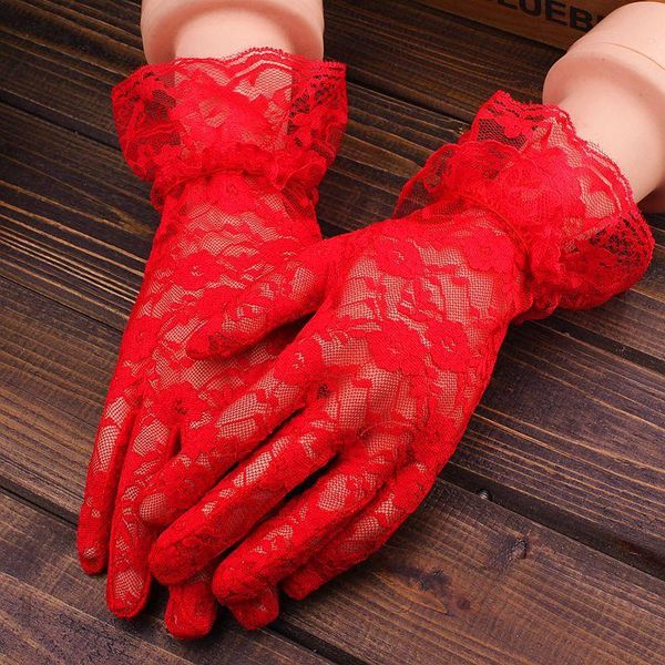 

five fingers gloves black white pink skin red fashion women lady lace party dressy summer full finger sunscreen for girls mittens, Blue;gray