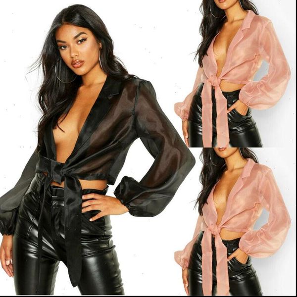 

women shirts see through sheer silk blouses deep v neck turn down collar open stitch lace up long sleeve, White