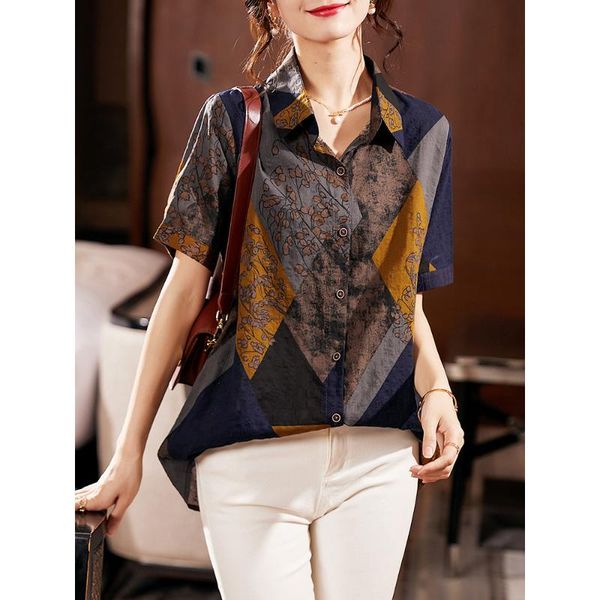 

women's blouses & shirts blouse shirt summer vintage print lapel loose short sleeve button 2-7568#], White