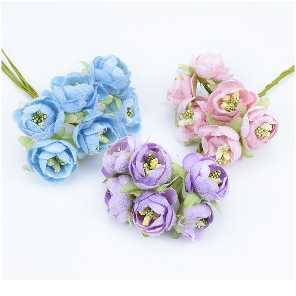 

6pcs silk tea roses bouquet for vases needlework diy gifts box artificial plants stamen christmas wreath home decor acc jlllkl