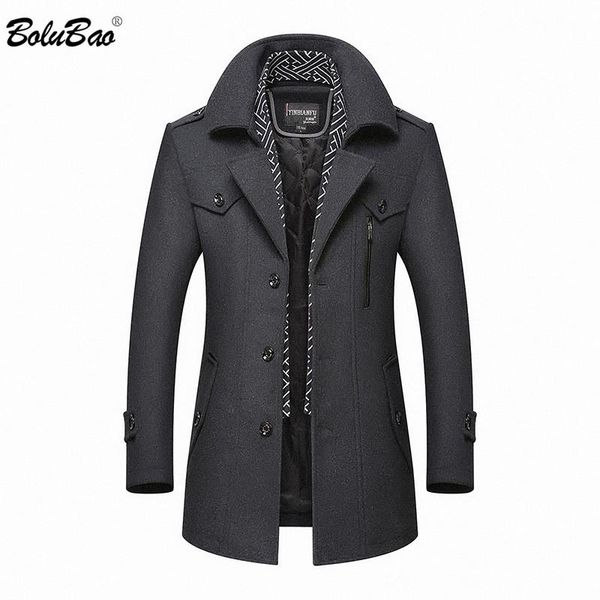 

bolubao men winter wool coat 2021 men's new casual brand solid color wool blends woolen pea coat male trench overcoat, Black