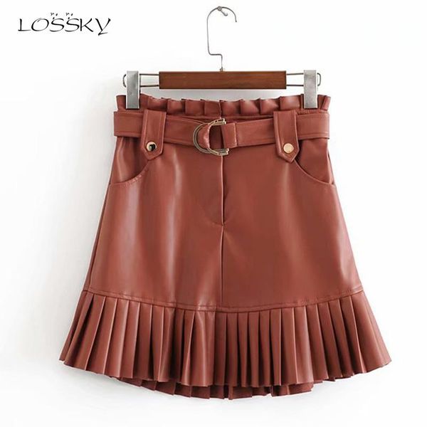 

skirts lossky autumn winter pu faux leather ruffled pleated hem short mini skirt with belt pocket high waist casual a-line warm clothes, Black
