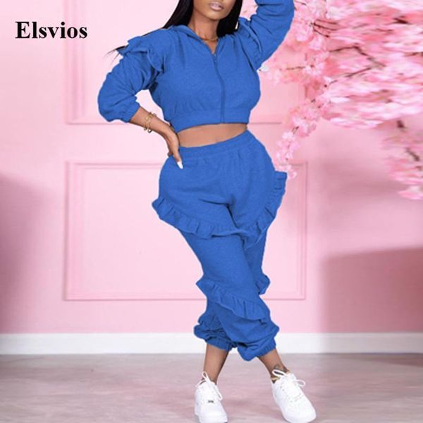 

women's two piece pants casual solid long sleeve outfits women zip-up hooded coat + ruffle suits autumn loose sweatpants sets tracksuit, White