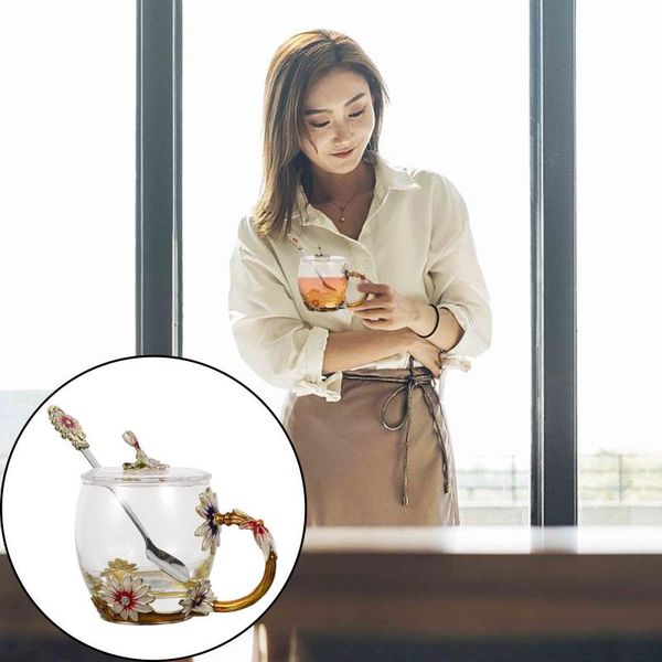 

mugs 1 set enamel flower coffee cup mug tea glass with spoon lid for wedding gift
